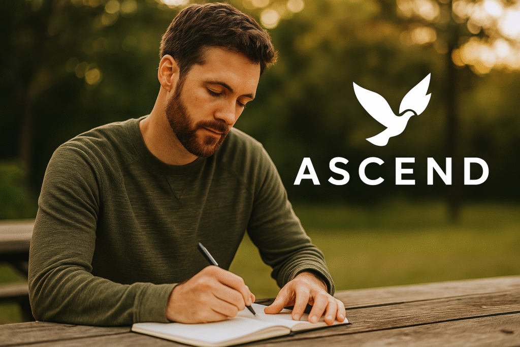 Start your personal growth journey — man journaling with Ascend logo