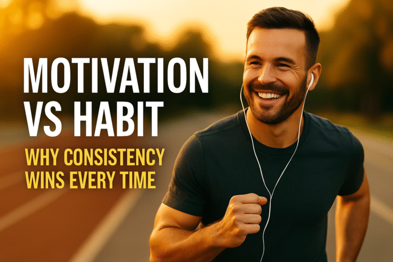 Smiling athletic man jogging outdoors at sunrise with bold text overlay reading “Motivation vs Habit: Why Consistency Wins Every Time.