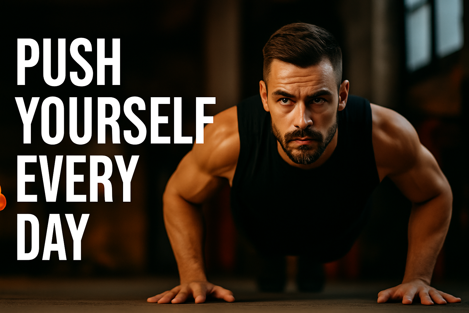 Determined athlete in a push‑up position with bold text “Push Yourself Every Day” on the left — daily discipline and focus.
